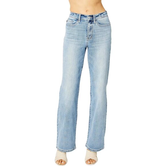 Denim - Women's High Waisted Straight Leg Jeans Cotton Blend Rips Flattering Fit